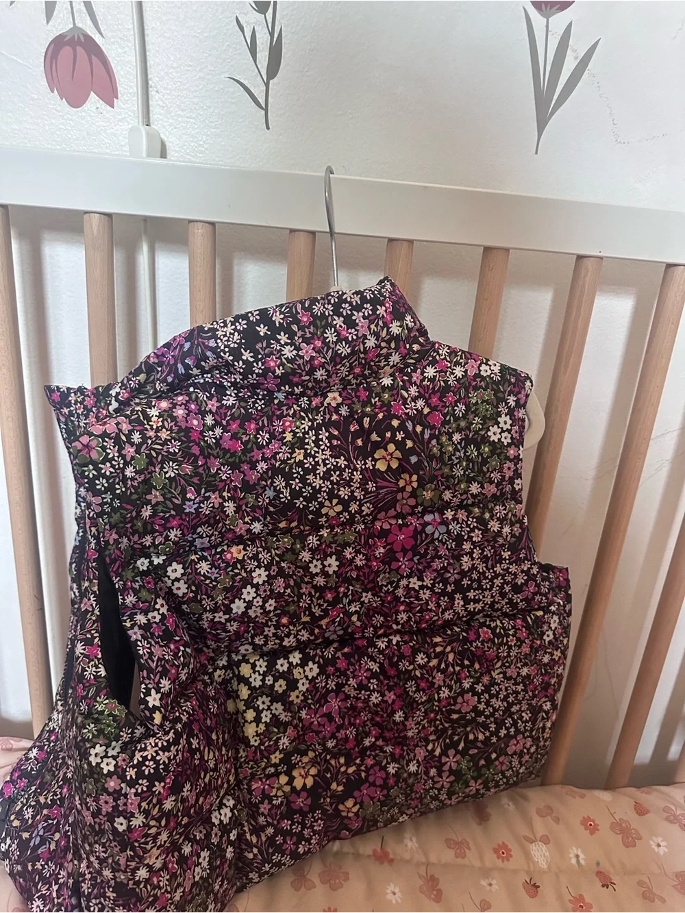 GAP Girls' Black Floral Quilted Vest with Pink & Cream Flowers back to school